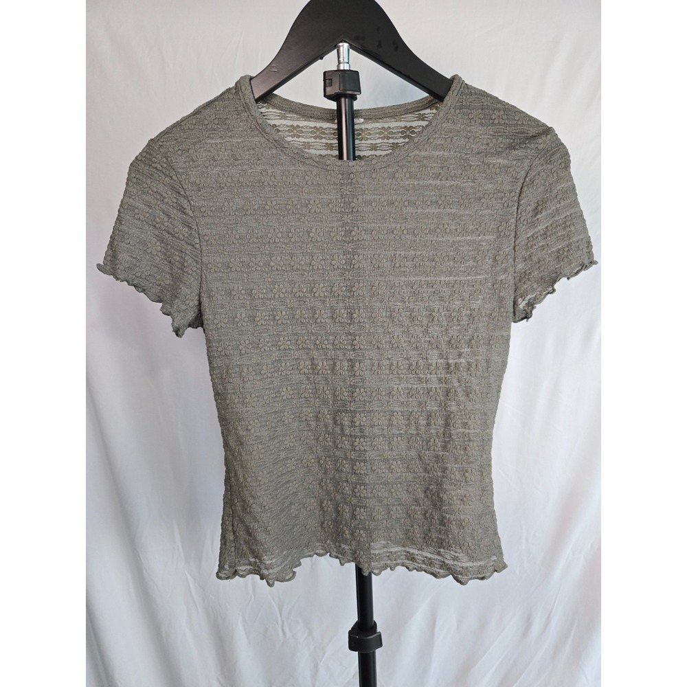 Olive Green Sheer Lace Stripe Floral Top Size M Lettuce Hem Y2K Fairy Grunge